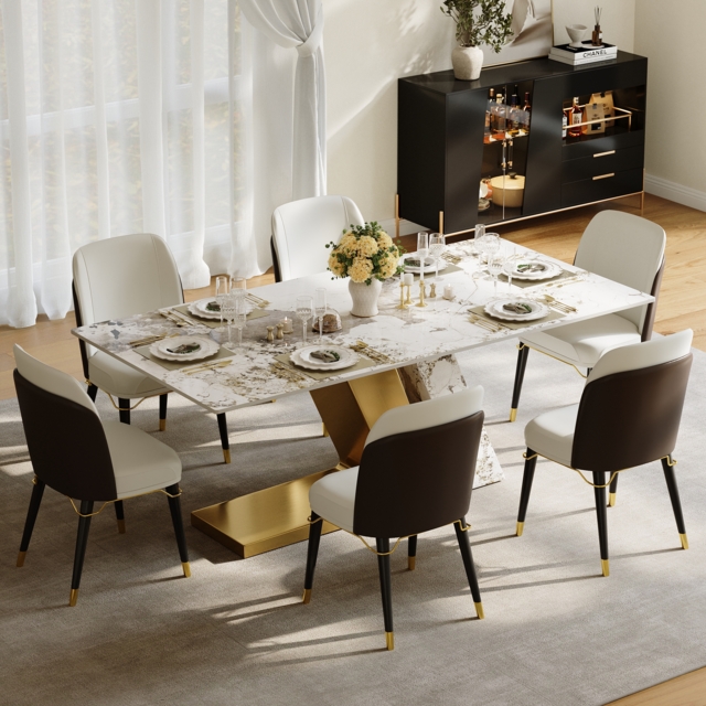 Modern 1800mm Rectangle Sintered Stone Dining Table with 6 Chairs in Gold - image 1