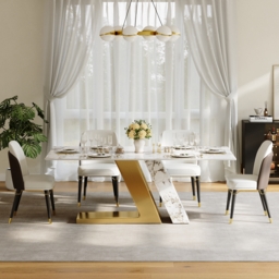 Modern 1800mm Rectangle Sintered Stone Dining Table with 6 Chairs in Gold - thumbnail 4