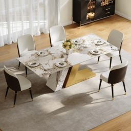 Modern 1800mm Rectangle Sintered Stone Dining Table with 6 Chairs in Gold - thumbnail 2