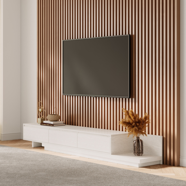 "Fero Minimalist Retracted & Extendable 3 Drawers TV Stand in White Up to 120""" - image 1