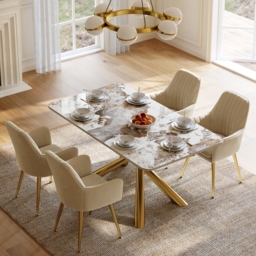Dining Set 160 cm Rectangle Glossy Pandora Sintered Stone Dining Table with 4 Chairs - thumbnail 1