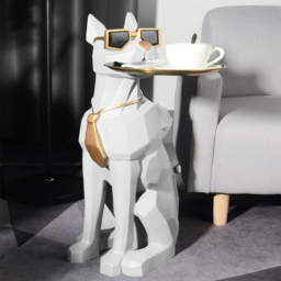 Modern White Resin Dog Sculpture Decorative Cocktail Table Cute End Side Table with Metal Storage Tray Tissue Box