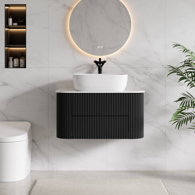800mm Floating Fluted Wall mounted Bathroom Vanity Set Sintered Stone Top with Vessel Single Basin & 2 Drawers - image 1