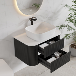 800mm Floating Fluted Wall mounted Bathroom Vanity Set Sintered Stone Top with Vessel Single Basin & 2 Drawers - thumbnail 5