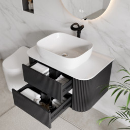 800mm Floating Fluted Wall mounted Bathroom Vanity Set Sintered Stone Top with Vessel Single Basin & 2 Drawers - thumbnail 4