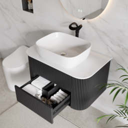 800mm Floating Fluted Wall mounted Bathroom Vanity Set Sintered Stone Top with Vessel Single Basin & 2 Drawers - thumbnail 3