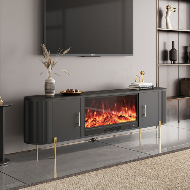 200 cm Modern Black Electric Fireplace Storage TV Stand Sintered Stone Top with Remote Control - image 1