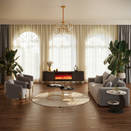 200 cm Modern Black Electric Fireplace Storage TV Stand Sintered Stone Top with Remote Control - thumbnail 3