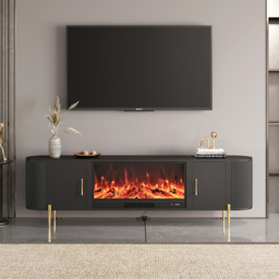 200 cm Modern Black Electric Fireplace Storage TV Stand Sintered Stone Top with Remote Control - thumbnail 2