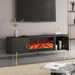 200 cm Modern Black Electric Fireplace Storage TV Stand Sintered Stone Top with Remote Control - thumbnail 5