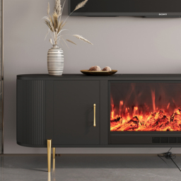 200 cm Modern Black Electric Fireplace Storage TV Stand Sintered Stone Top with Remote Control - thumbnail 8
