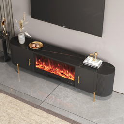 200 cm Modern Black Electric Fireplace Storage TV Stand Sintered Stone Top with Remote Control - thumbnail 6