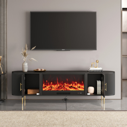200 cm Modern Black Electric Fireplace Storage TV Stand Sintered Stone Top with Remote Control - thumbnail 4