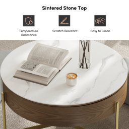 Round Lift-Top Coffee Table with Storage White & Natural without Stools - thumbnail 9