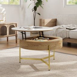 Round Lift-Top Coffee Table with Storage White & Natural without Stools - thumbnail 2