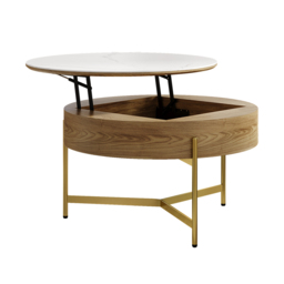 Round Lift-Top Coffee Table with Storage White & Natural without Stools - thumbnail 6