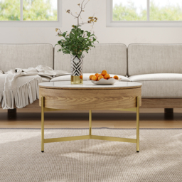 Round Lift-Top Coffee Table with Storage White & Natural without Stools - thumbnail 3