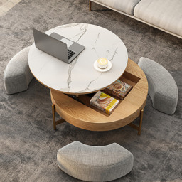 Round Lift-Top Coffee Table with Storage White & Natural without Stools - thumbnail 1