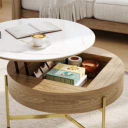 Round Lift-Top Coffee Table with Storage White & Natural without Stools - thumbnail 7