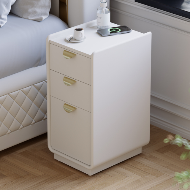 300 mm White Leather Smart Narrow Bedside Table with Wireless Charger Drawers Bedside Table - image 1