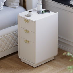 300 mm White Leather Smart Narrow Bedside Table with Wireless Charger Drawers Bedside Table