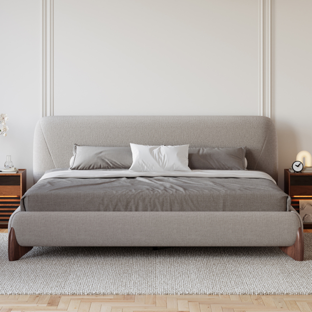 Curva Modern Grey Cotton & Linen Platform Bed Queen Size Bed Frame with Upholstered Headboard - image 1
