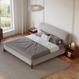 Curva Modern Grey Cotton & Linen Platform Bed Queen Size Bed Frame with Upholstered Headboard - thumbnail 2