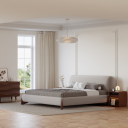 Curva Modern Grey Cotton & Linen Platform Bed Queen Size Bed Frame with Upholstered Headboard - thumbnail 3