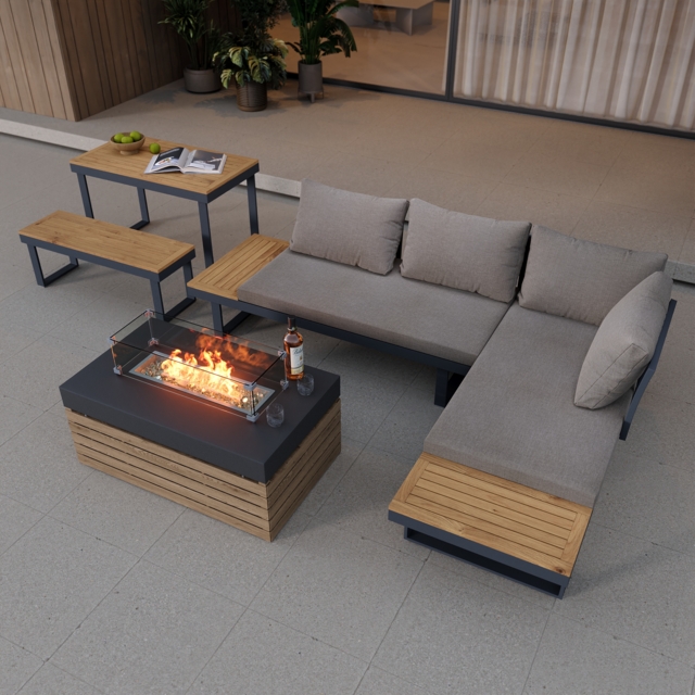 Aluminum Wood Outdoor Sectional Sofa & Propane Gas Fire Pit Table With Glass Wind Guard - image 1