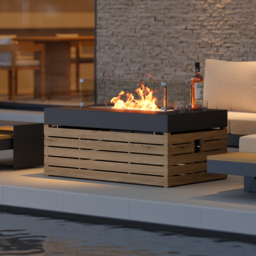Aluminum Wood Outdoor Sectional Sofa & Propane Gas Fire Pit Table With Glass Wind Guard - thumbnail 8