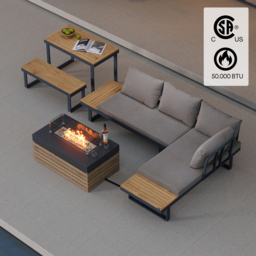 Aluminum Wood Outdoor Sectional Sofa & Propane Gas Fire Pit Table With Glass Wind Guard - thumbnail 2