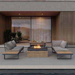 Aluminum Wood Outdoor Sectional Sofa & Propane Gas Fire Pit Table With Glass Wind Guard - thumbnail 3