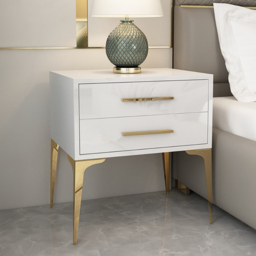 Modern White Bedside Table Glossy 2-Drawer Classic Bedside Cabinet High Legs - thumbnail 2