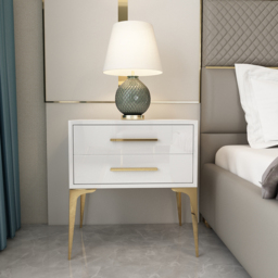 Modern White Bedside Table Glossy 2-Drawer Classic Bedside Cabinet High Legs