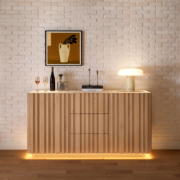 Aura 152 cm Faux Travertine Top Buffet Sideboard with Ash Wood Slatted Panels & Light - thumbnail 4