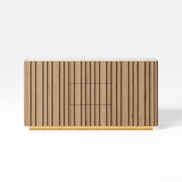 Aura 152 cm Faux Travertine Top Buffet Sideboard with Ash Wood Slatted Panels & Light - thumbnail 9