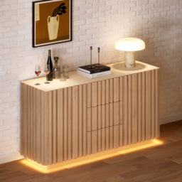 Aura 152 cm Faux Travertine Top Buffet Sideboard with Ash Wood Slatted Panels & Light - thumbnail 2