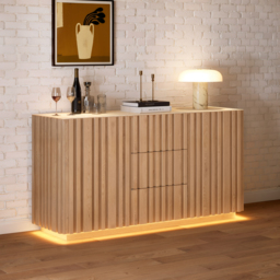 Aura 152 cm Faux Travertine Top Buffet Sideboard with Ash Wood Slatted Panels & Light