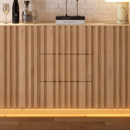 Aura 152 cm Faux Travertine Top Buffet Sideboard with Ash Wood Slatted Panels & Light - thumbnail 6