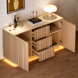 Aura 152 cm Faux Travertine Top Buffet Sideboard with Ash Wood Slatted Panels & Light - thumbnail 3