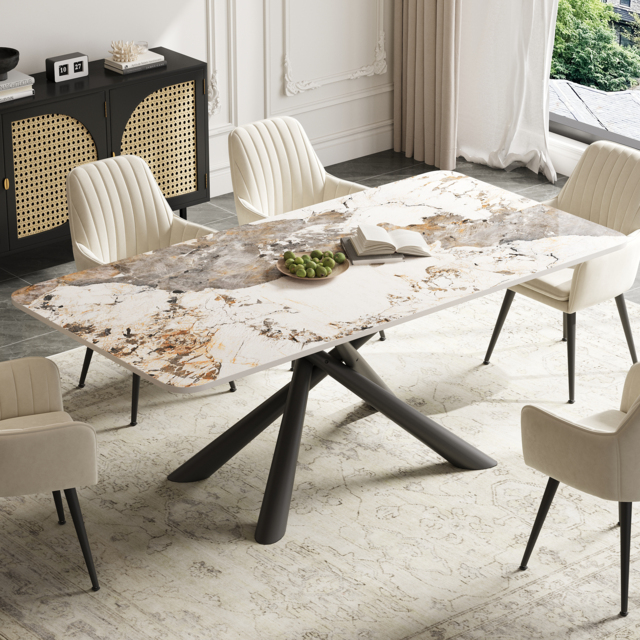 160 cm Modern Stone Top Rectangle Dining Table in Pandora & Gold with Trestle - image 1