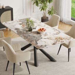 160 cm Modern Stone Top Rectangle Dining Table in Pandora & Gold with Trestle - thumbnail 5
