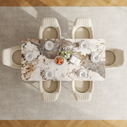 160 cm Modern Stone Top Rectangle Dining Table in Pandora & Gold with Trestle - thumbnail 8