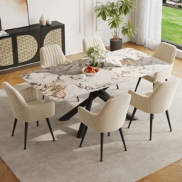 160 cm Modern Stone Top Rectangle Dining Table in Pandora & Gold with Trestle - thumbnail 2