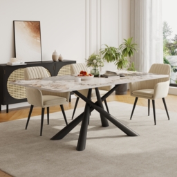 160 cm Modern Stone Top Rectangle Dining Table in Pandora & Gold with Trestle - thumbnail 3