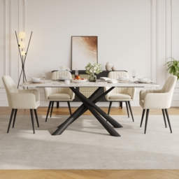 160 cm Modern Stone Top Rectangle Dining Table in Pandora & Gold with Trestle - thumbnail 4