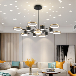 Nordic 12-Light Black & Gold Chandelier LED Ring Starry Reflection Light Dimmable - thumbnail 4