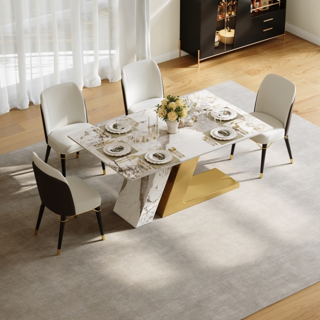Modern 1600mm Rectangle Sintered Stone Dining Table with 4 Chairs in Gold - image 1
