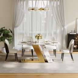 Modern 1600mm Rectangle Sintered Stone Dining Table with 4 Chairs in Gold - thumbnail 3