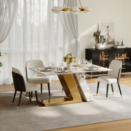 Modern 1600mm Rectangle Sintered Stone Dining Table with 4 Chairs in Gold - thumbnail 2